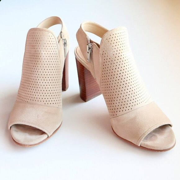 Via Spiga Beige Suede Leather Peep Toe Block Heel Perforated Bootie Shoes 5.5 - Picture 4 of 16